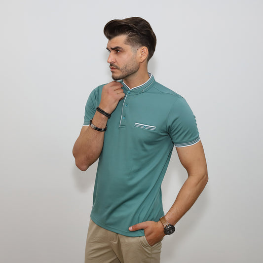 Állógalléros pamut póló - Eukaliptusz zöld